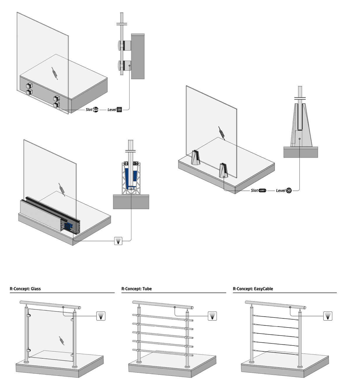 Glass balustrade clamp, adapter and railing system diagrams