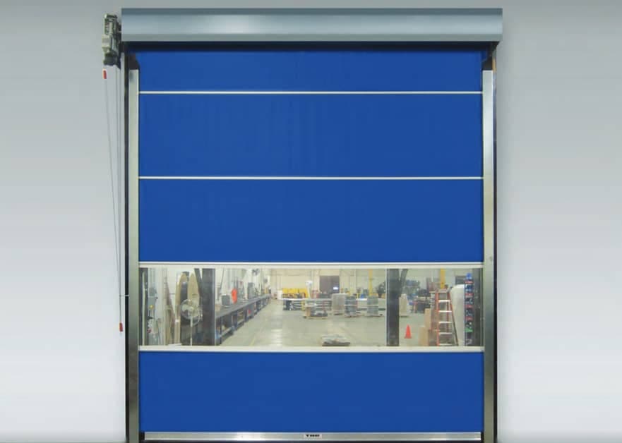High speed fabric roll up door